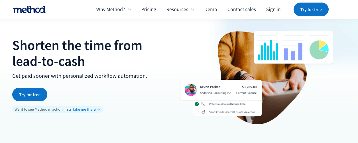 een landingspagina voor Method CRM met de tekst verkort de tijd van lead tot cash