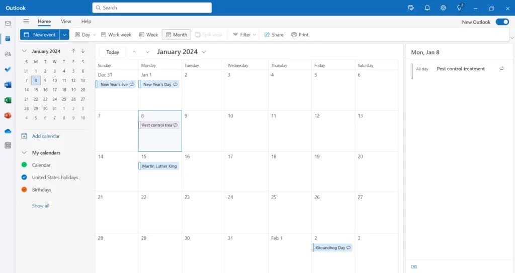 Microsoft Outlook online calendar app screenshot