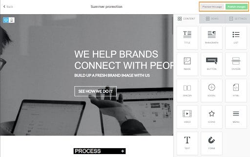 Screenshot of the Nutshell Landing Pages drag-and-drop editor interface