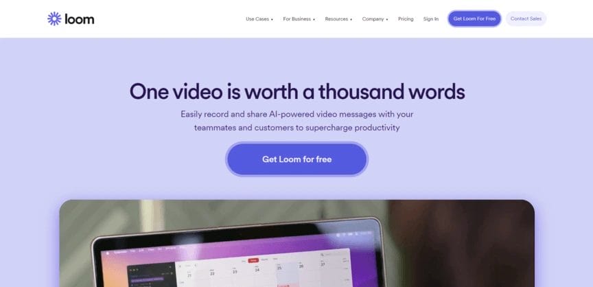 a website for Loom shows a laptop and says one video is worth a thousand words