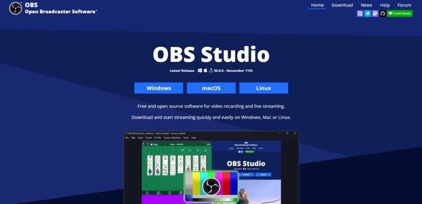 homepage of obs studio a free and open source software for video recording and live streaming