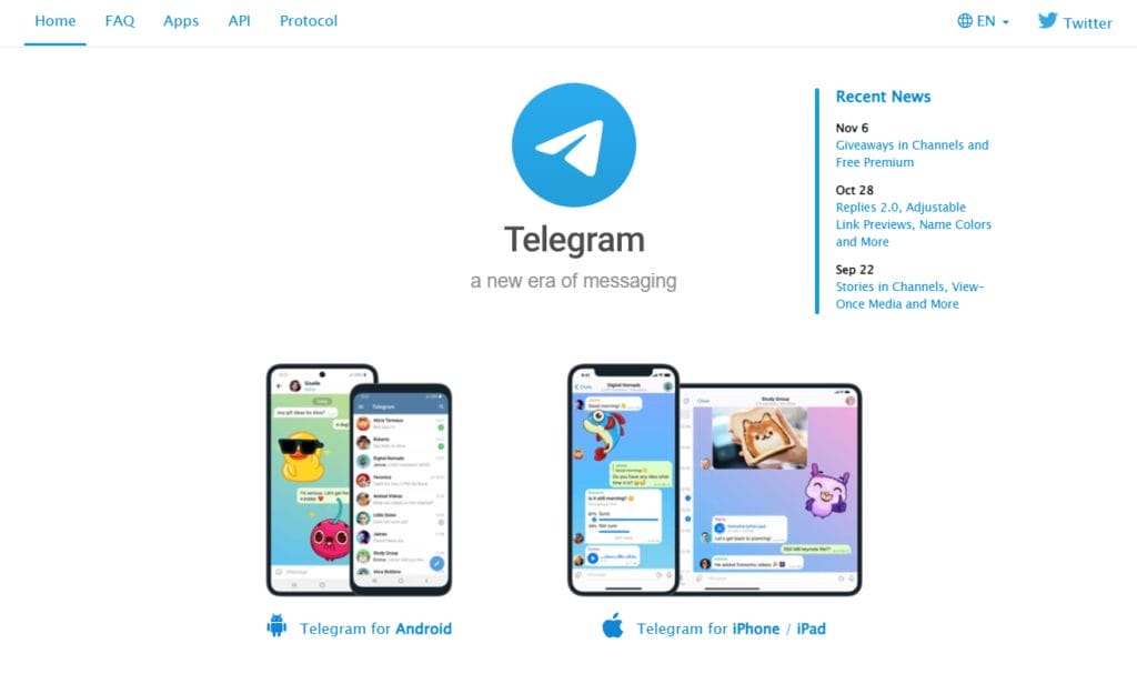 Telegram texting app homepage