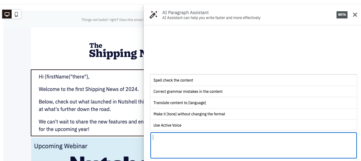 tekoälyavustaja auttaa kirjoittamaan sähköpostia The Shipping News -nimiselle uutiskirjeelle.