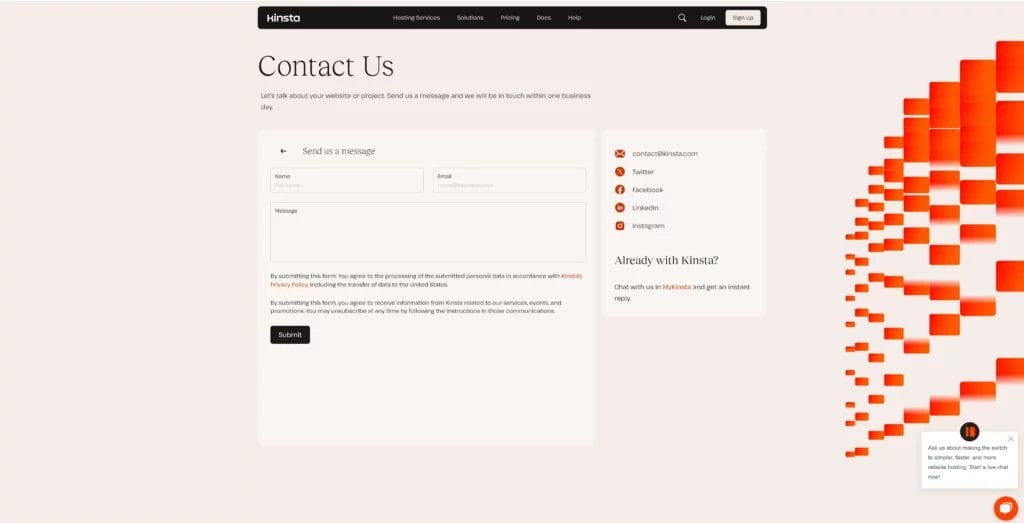 Kinsta contact form example screenshot