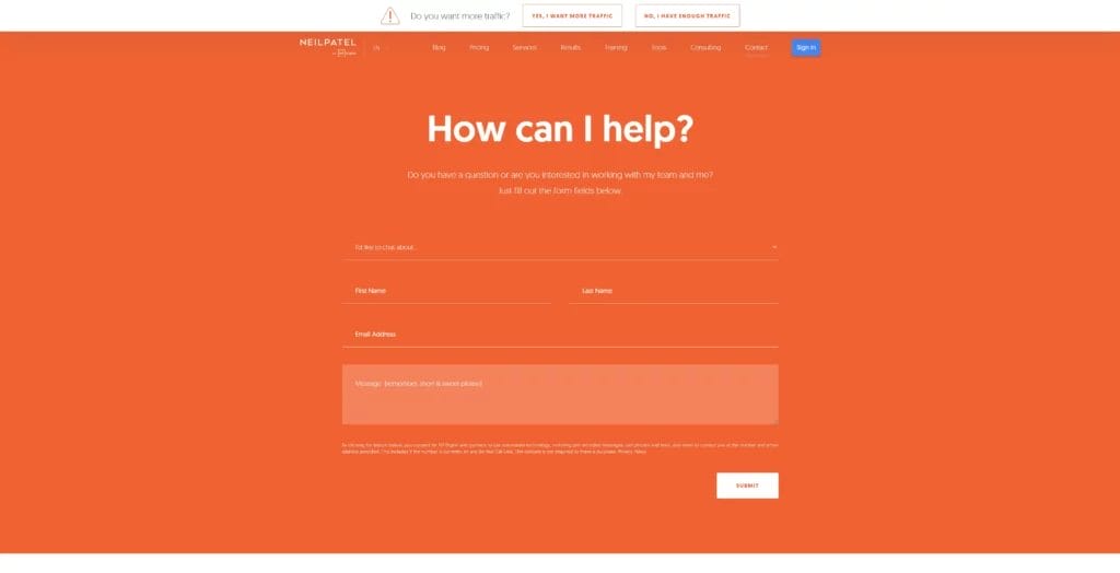 Neil Patel website contact form example screenshot