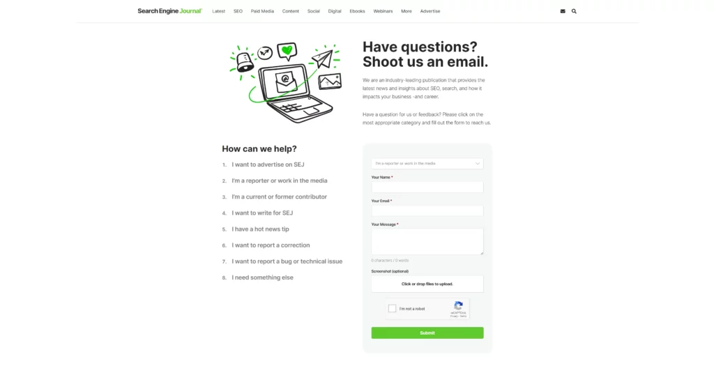 Search Engine Journal contact form example screenshot