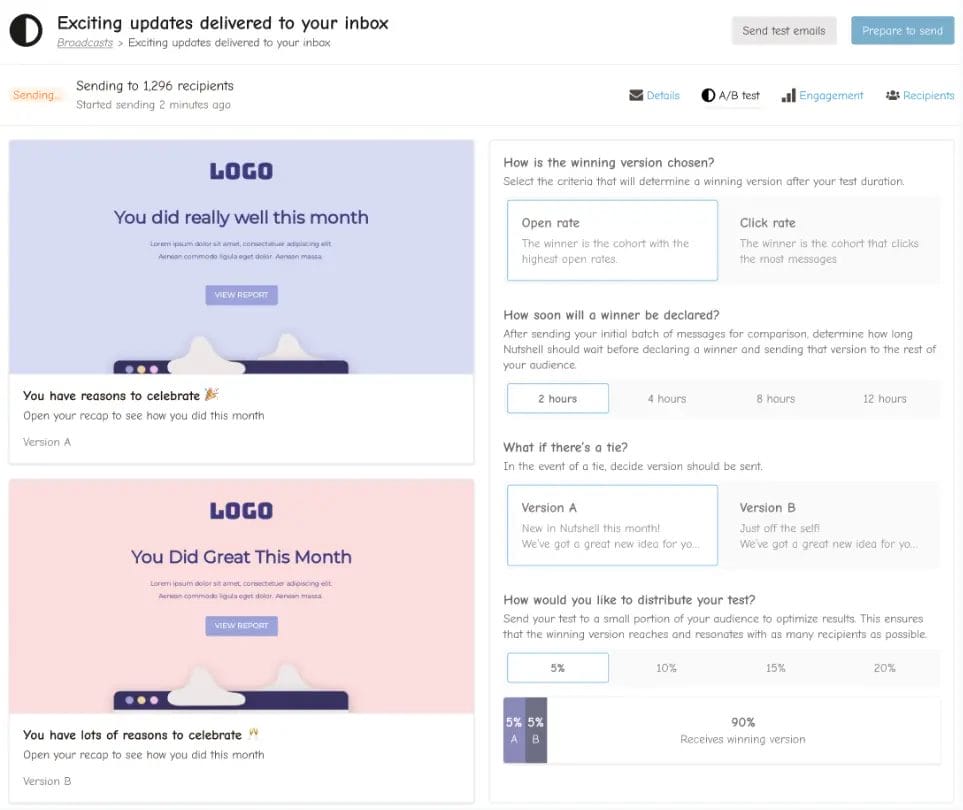 Sending page for email A/B test