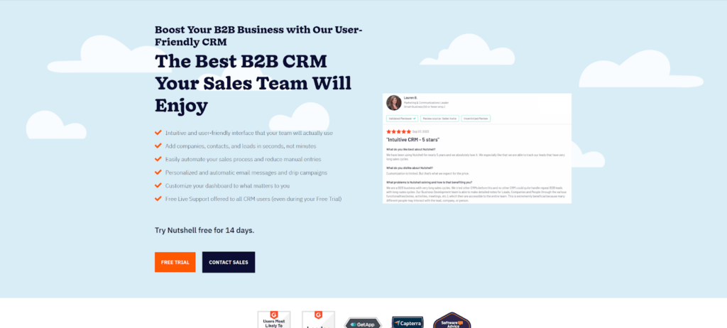 Nutshell free trial landing page example