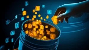a stream of simple lead generated icons are poured into the top of a leaky bucket