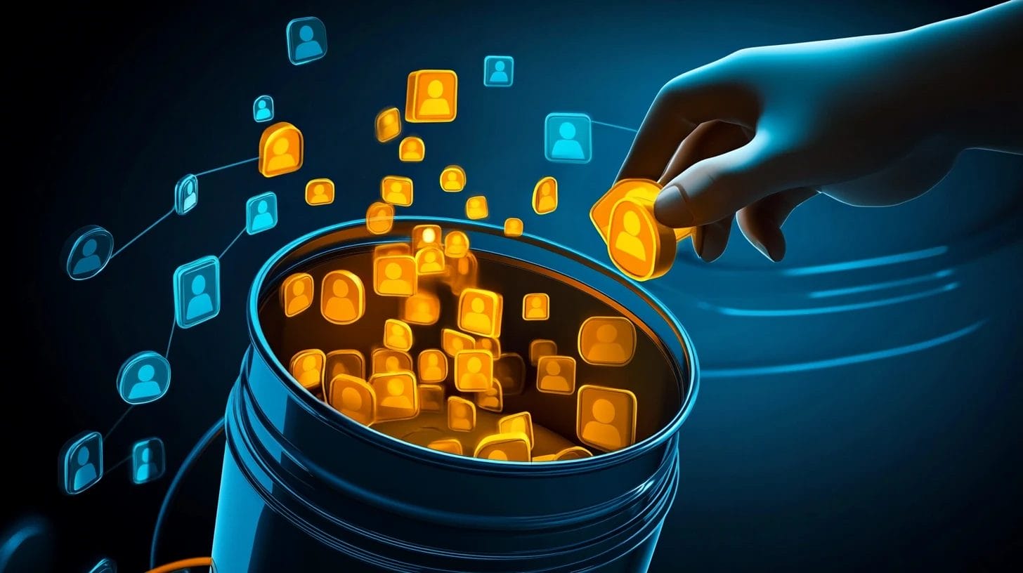 a stream of simple lead generated icons are poured into the top of a leaky bucket