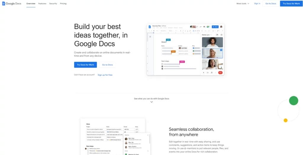 Google Docs home page for learning how to write SEO content