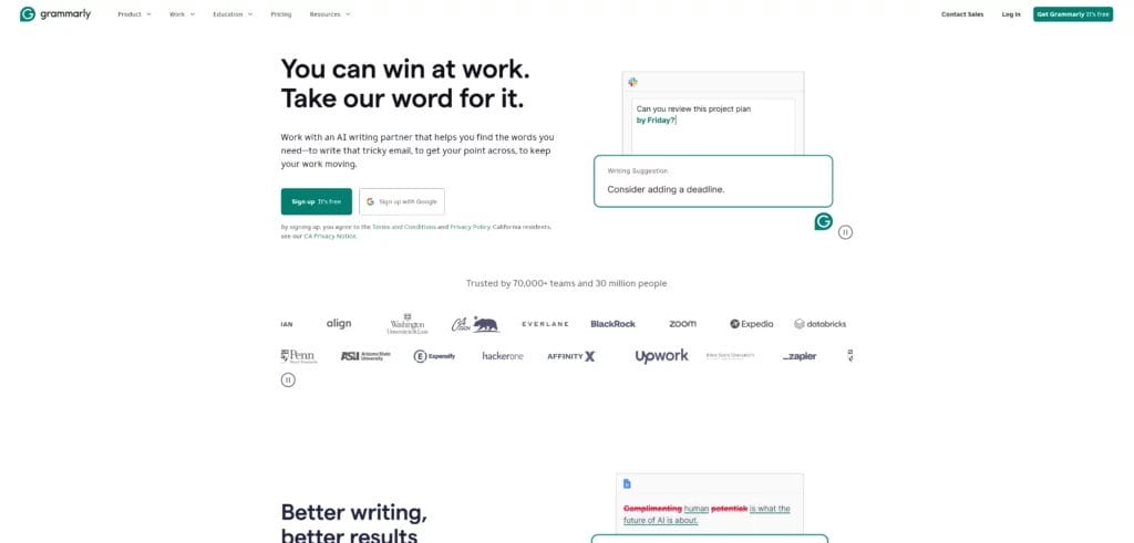 Grammarly's home page for learning how to write SEO content