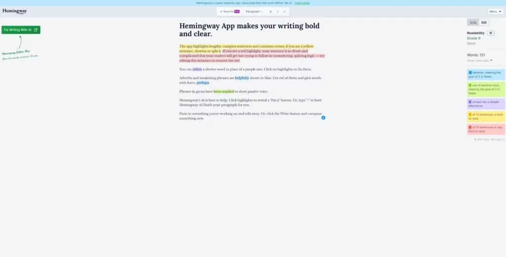 Hemingway home page for learning how to write SEO content