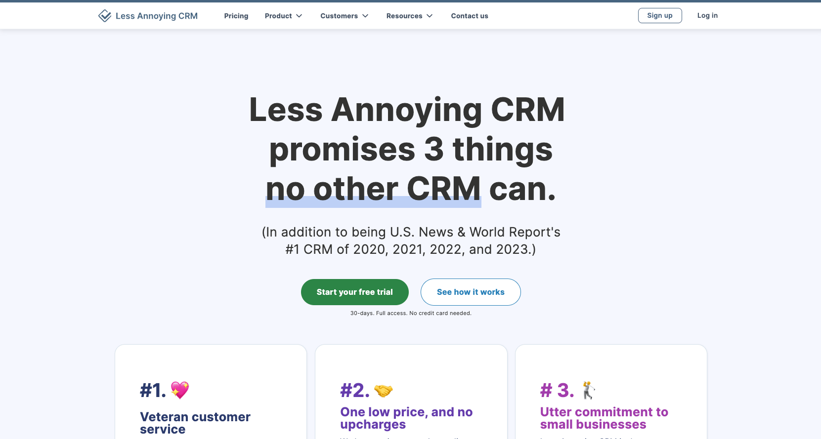 hemsida för Less Annoying CRM med orden Less Annoying CRM lovar 3 saker som inget annat CRM kan