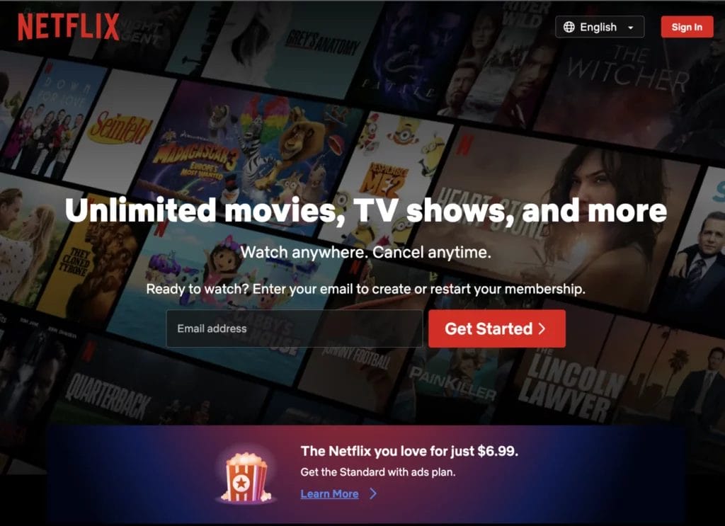 Good landing page example of the Netflix website