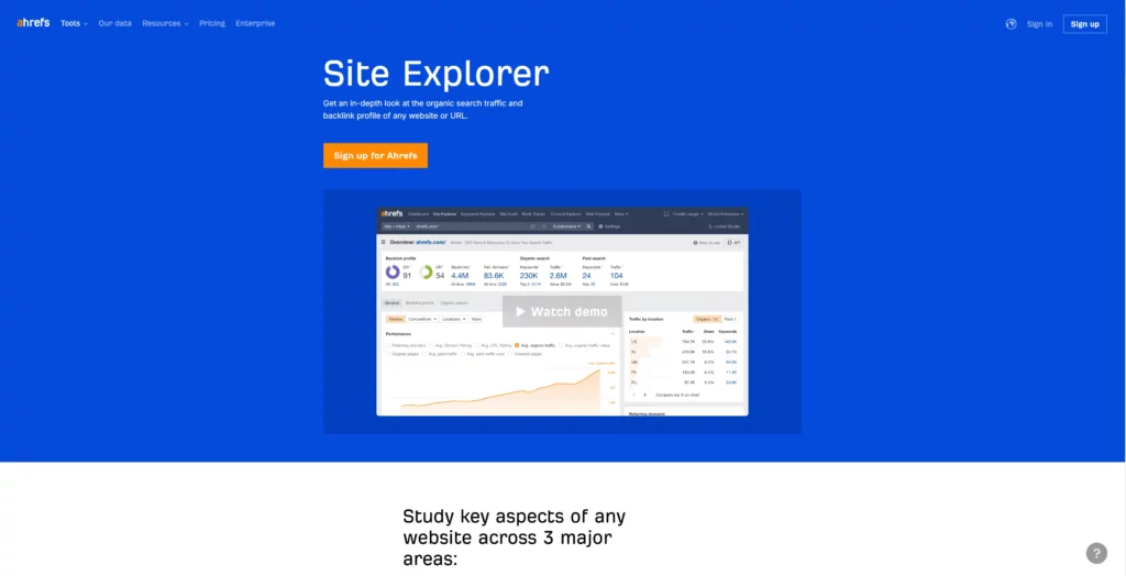 ahref's Site Explorer competitor monitoring tool website screenshot