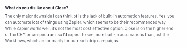 opinión de un cliente sobre lo que no le gusta de Close CRM