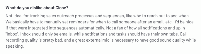 opinión de un cliente sobre lo que no le gusta de Close CRM