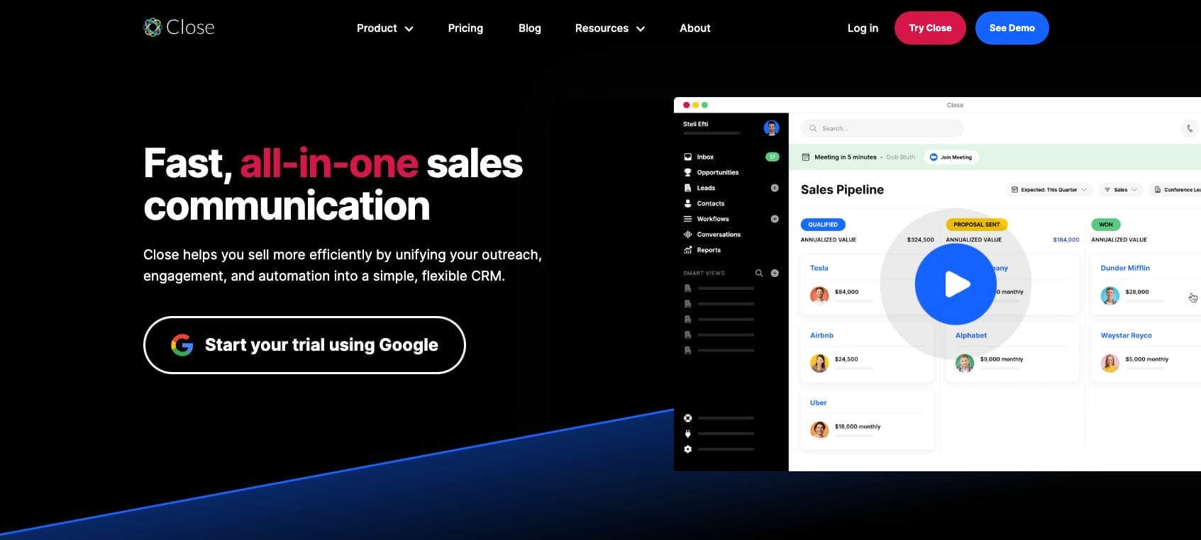 una página de aterrizaje de Close que diga comunicación de ventas rápida todo en uno