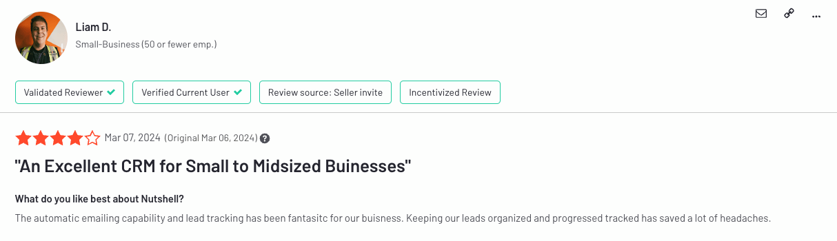 un commentaire Nutshell de liam d. dit &quot;un excellent CRM pour les petites et moyennes entreprises&quot;.