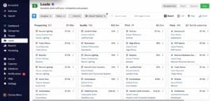 a screenshot of a leads page on the Nutshell dashboard