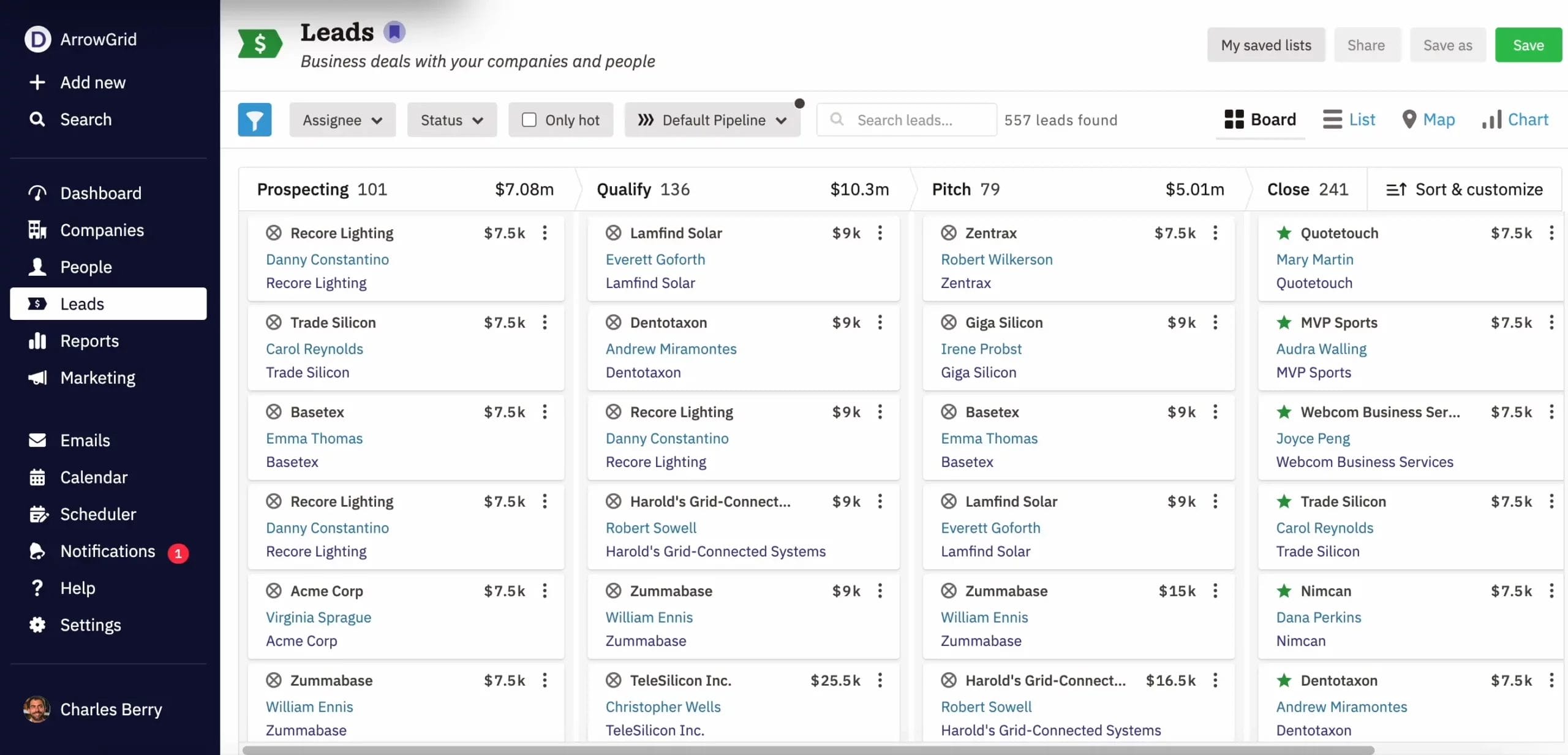 a screenshot of a leads page on the Nutshell dashboard
