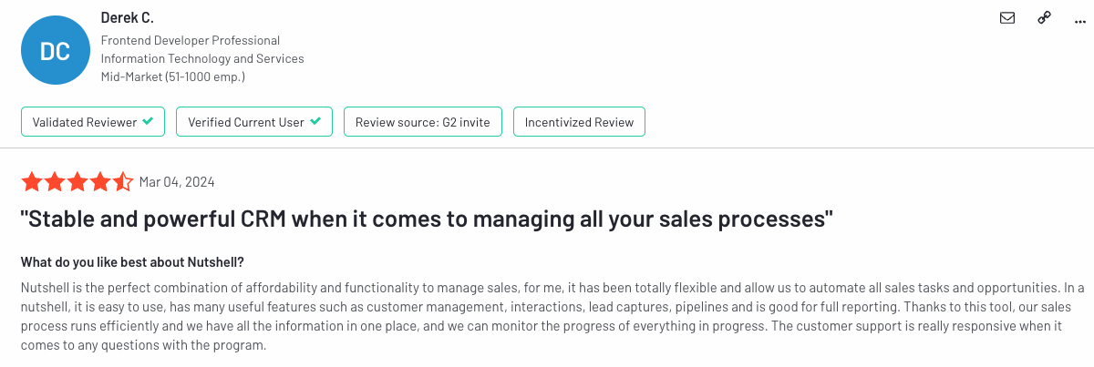 et skjermbilde av en Nutshell -anmeldelse fra derek c. som sier &quot;stabil og kraftig crm når det gjelder å administrere alle salgsprosessene dine&quot;