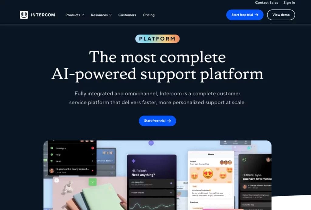 Intercom leads generation software homepage