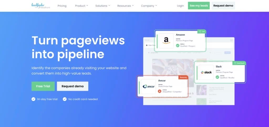 Leadfeeder lead generator software homepage