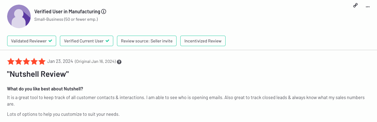 een screenshot van een beoordeling van een geverifieerde Nutshell gebruiker in de productie-industrie