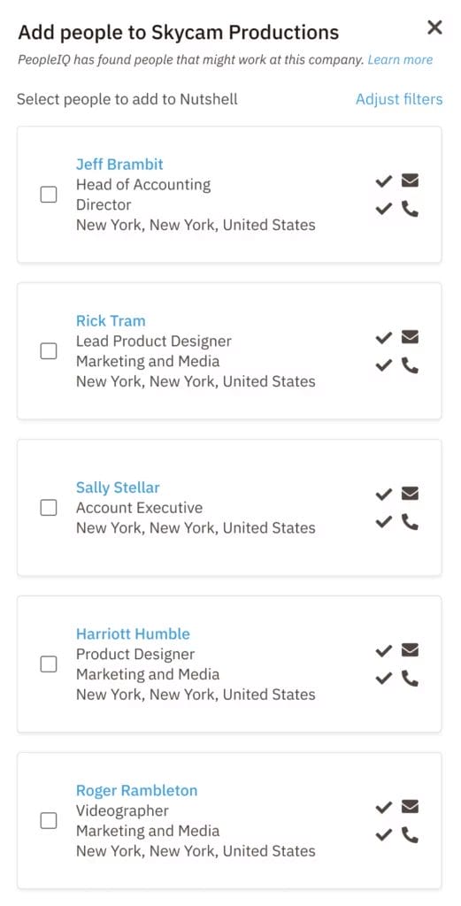 a screenshot of adding people to skycam Productions page using Nutshell PeopleIQ