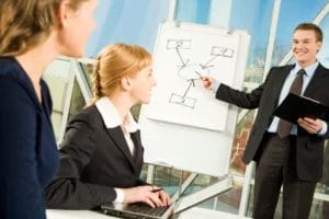 a person is giving a presentation to a group of business people