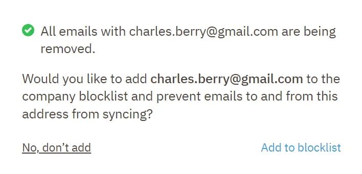 Popup of adding an email to the Nutshell email blocklist