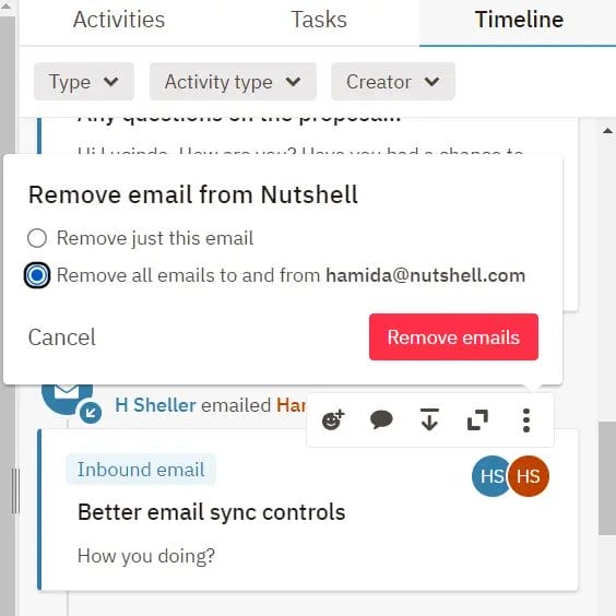 Screenshot showcasing how you can choose to remove all emails to and from a specific email in the Nutshell app.