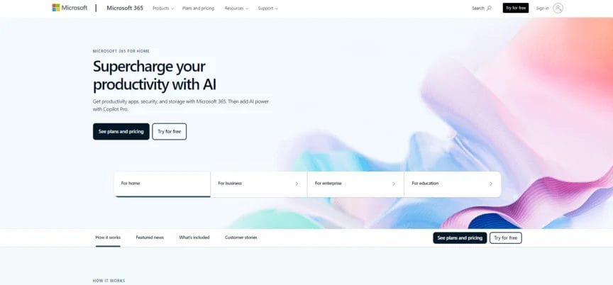 homepage for Microsoft 365 business collaboration software tool