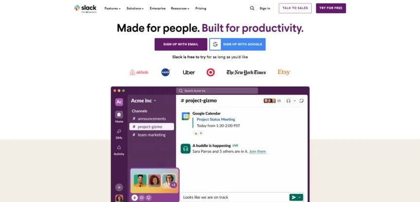 homepage for Slack business collaboration software tool