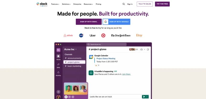 homepage for Slack collaboration tool