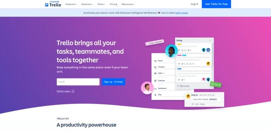 homepage for Trello business collaboration software tool
