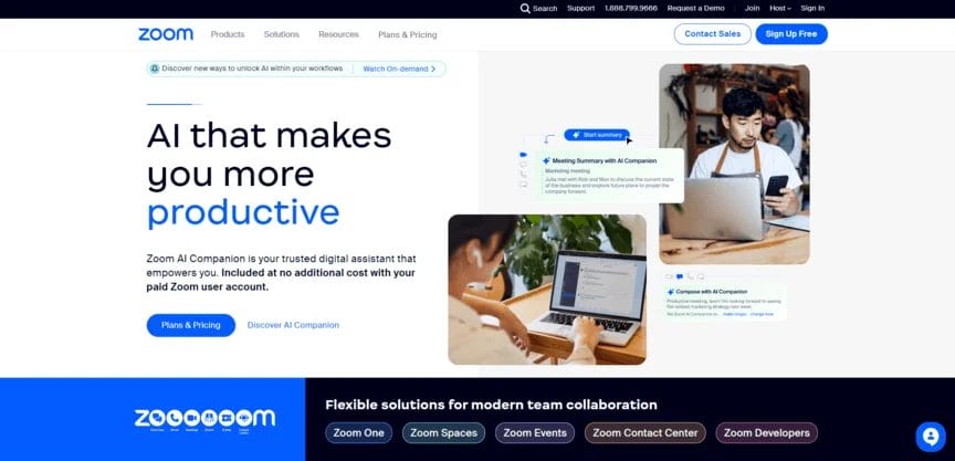 homepage for Zoom collaboration tool