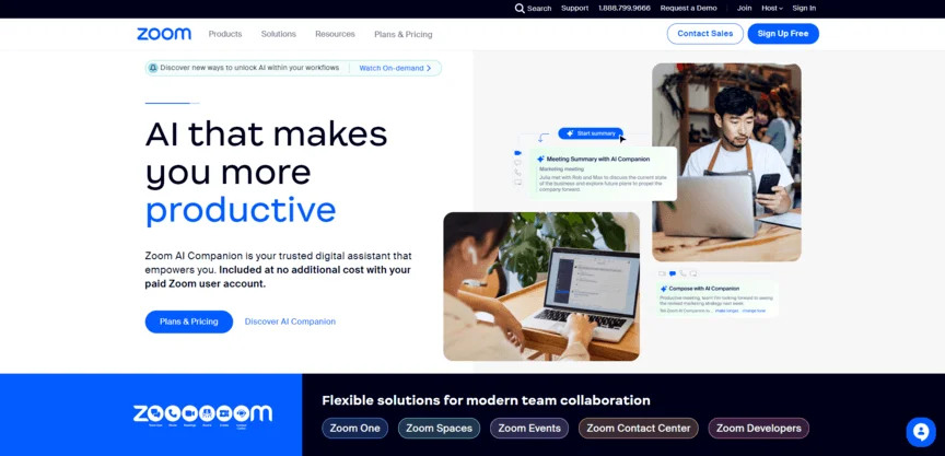 homepage for Zoom collaboration tool