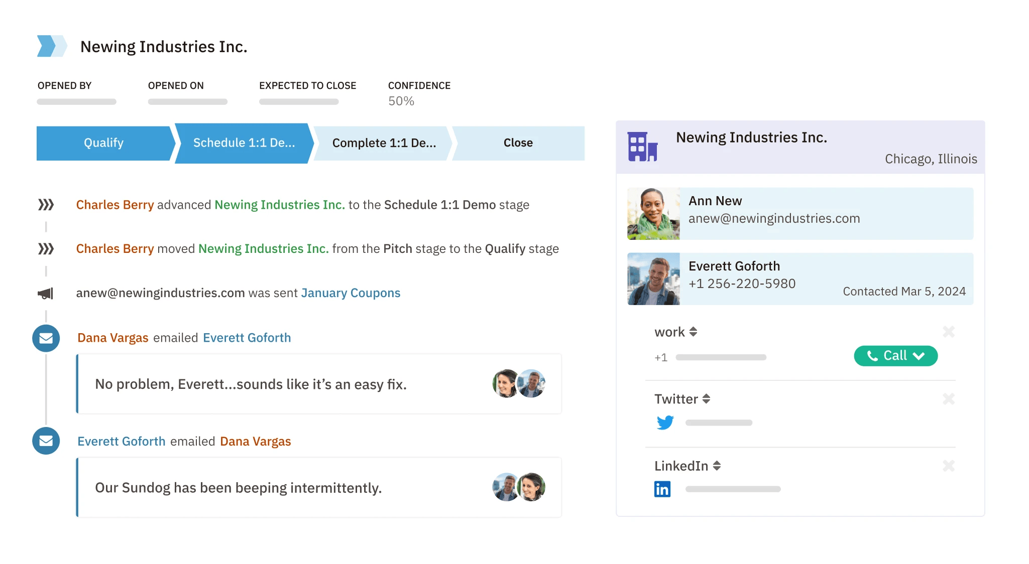 uma captura de ecrã de um contacto chamado Newing Industries Inc. em Nutshell CRM