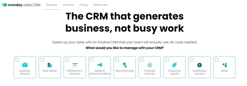 Homepage for Monday sales CRM SMB software