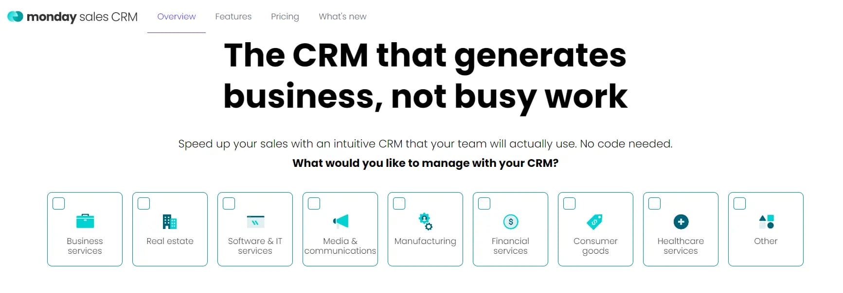 Homepage voor maandag verkoop CRM SMB software