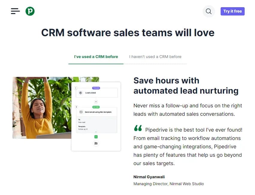 Homepage for Pipedrive SMB software