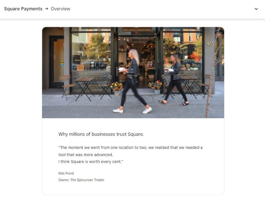 Homepage for Square Payments SMB software