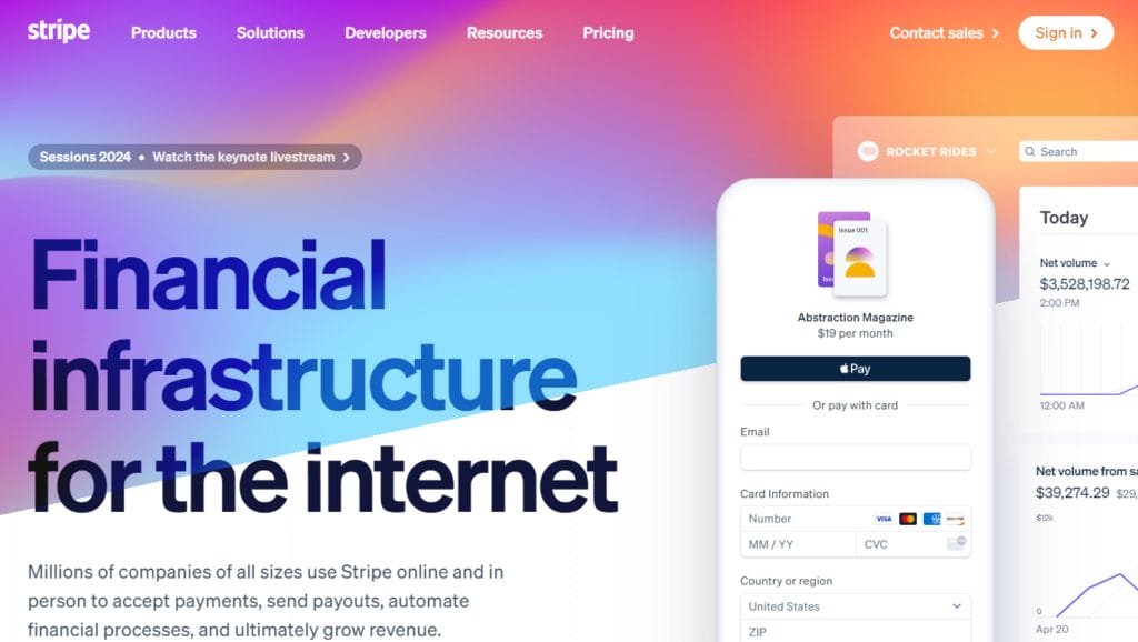Homepage for Stripe SMB software