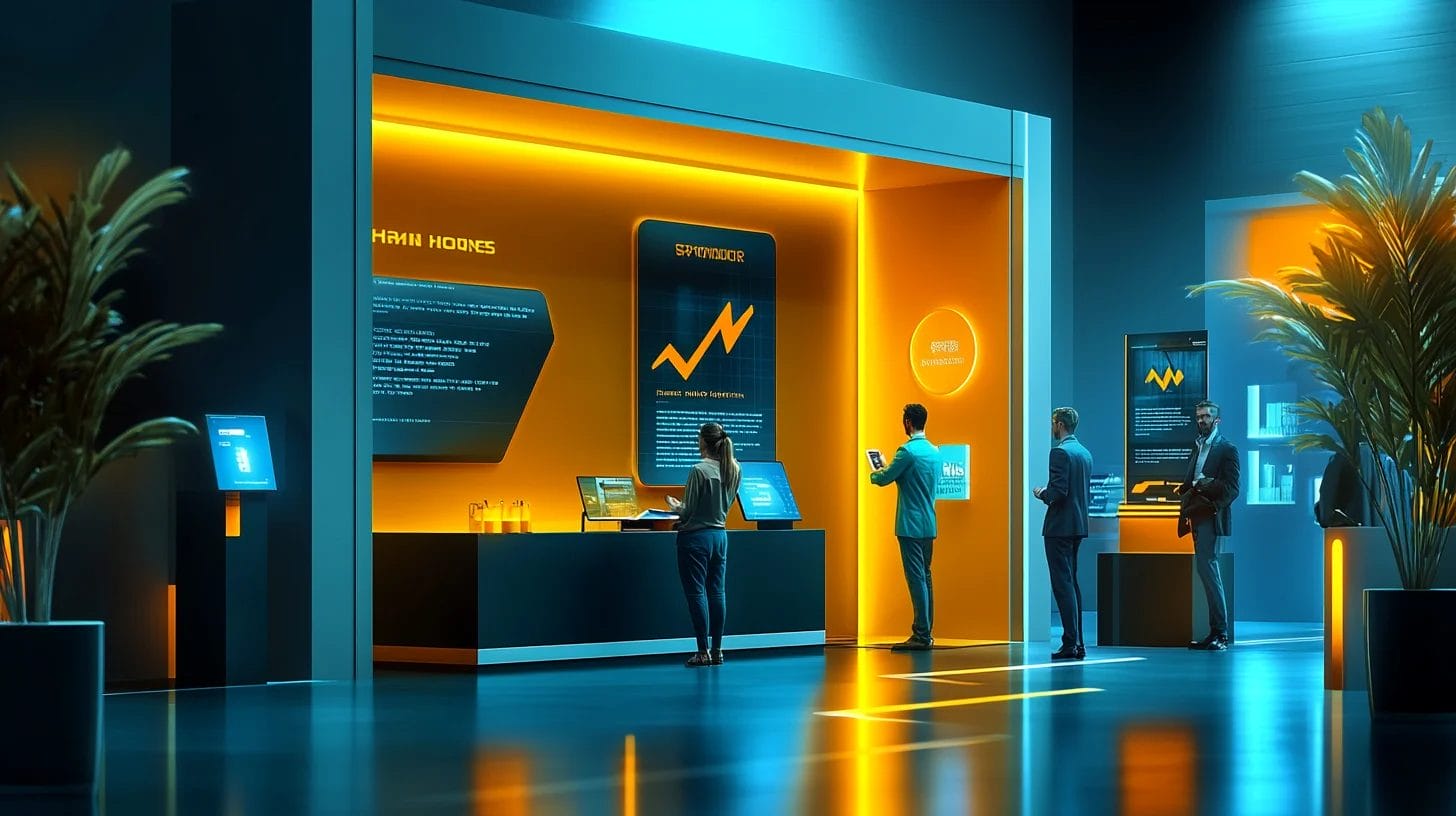 a busy trade show booth with a rising arrow or graph to show success