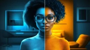 a before and after picture, with one half dull and the other half vibrant and colorful