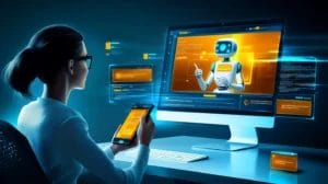 a person chatting with a friendly robot on a phone or computer screen