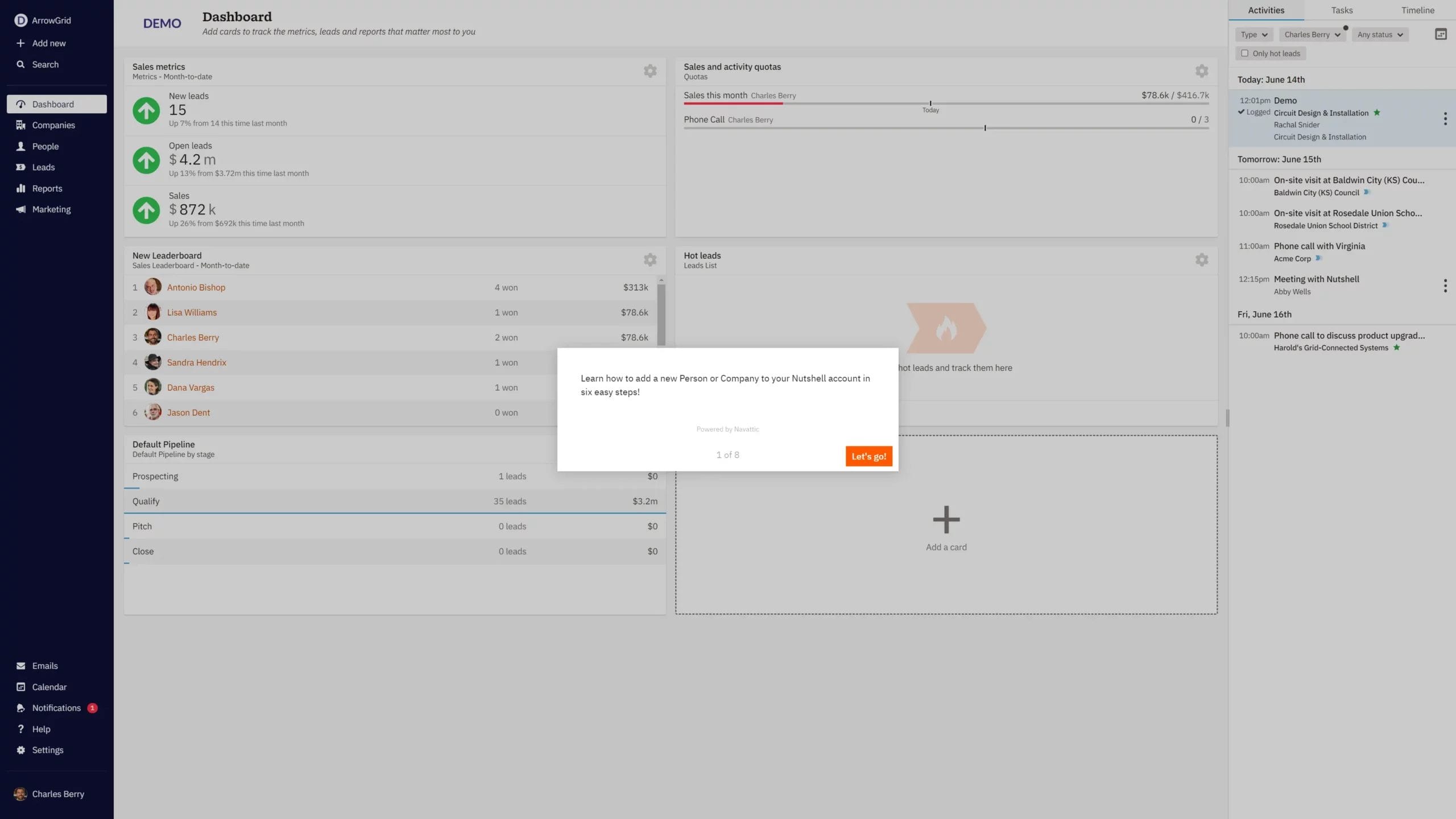 Nutshell walk through screenshot showing how to add a person or company